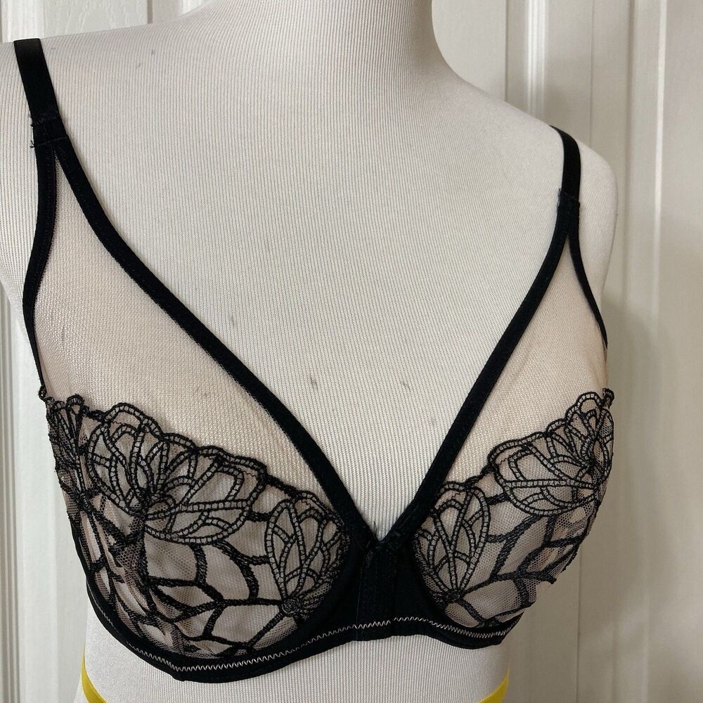 Simone Perele Bra 32D Underwire Black Lace Unlined Semi Sheer 12G319 Sexy - Picture 6 of 15